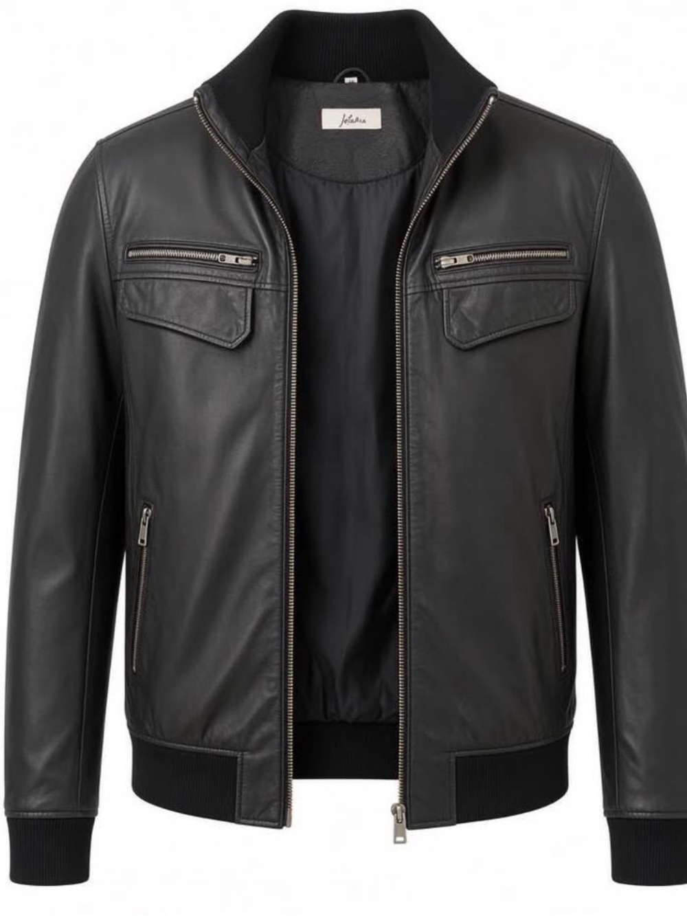 Men's Black Leather Bomber Jacket by